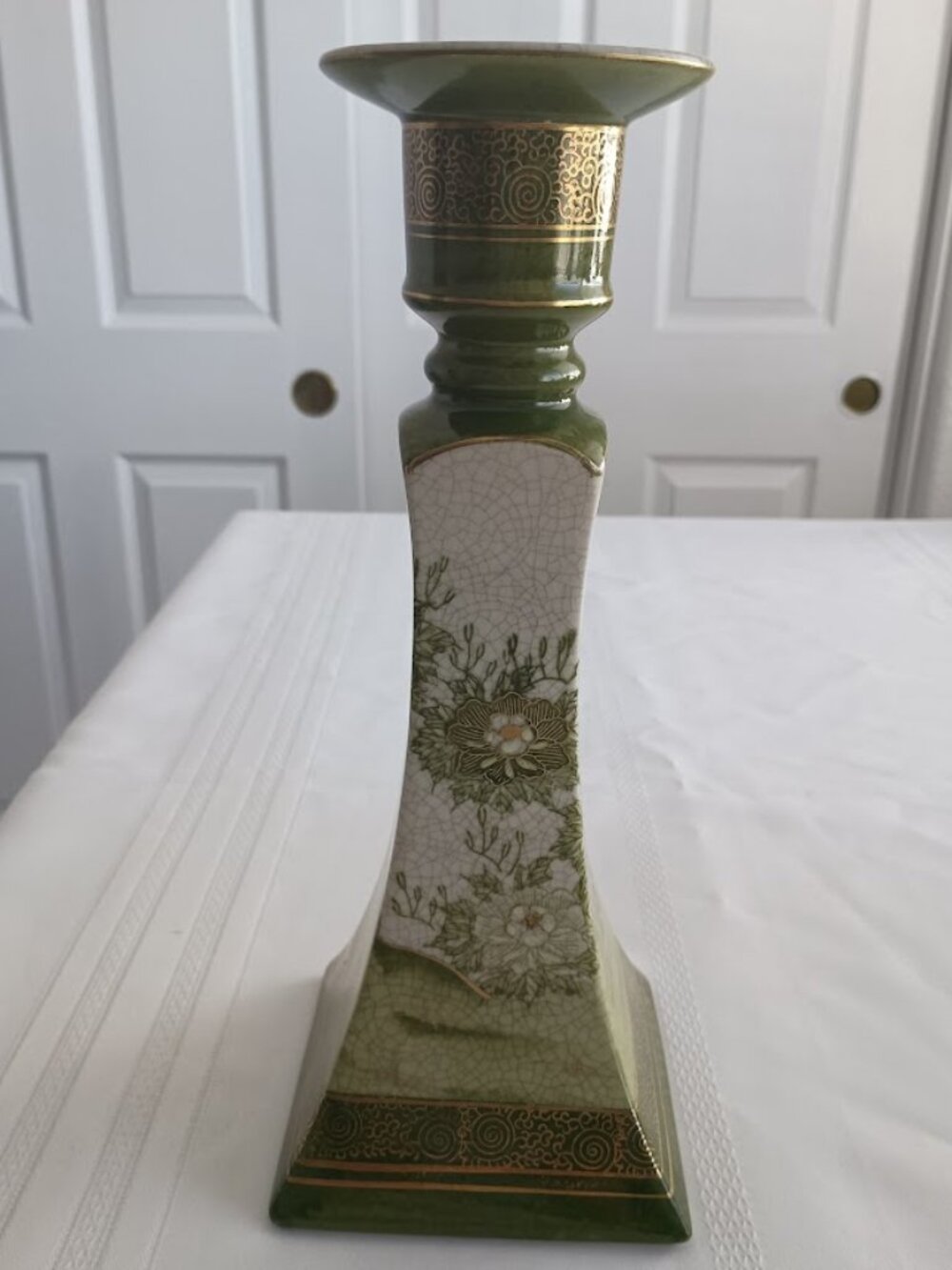 Vintage Kutani Porcelain Candlestick Holder with Peacock and Floral Design
